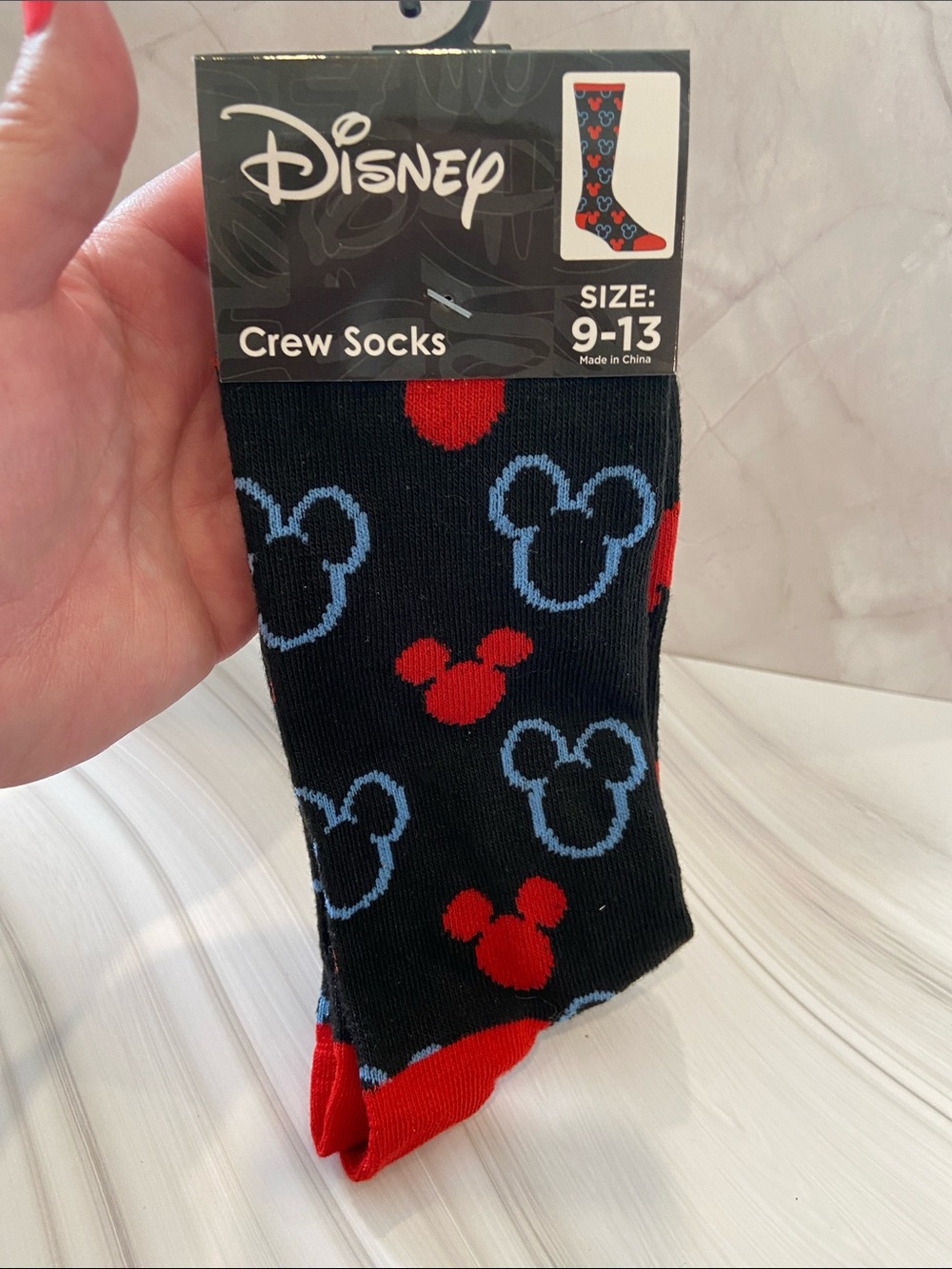 Disney Black Crew Socks with Red & Light Blue Mickey Heads